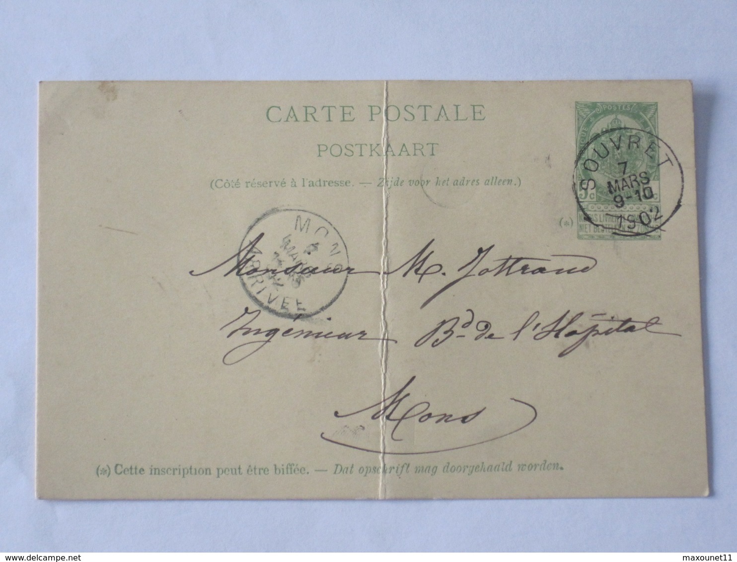 Entier Postal Envoyé De Souvret Vers Mons Le 07 Mars 1902 .... Lot7 . - Cartes Postales 1871-1909