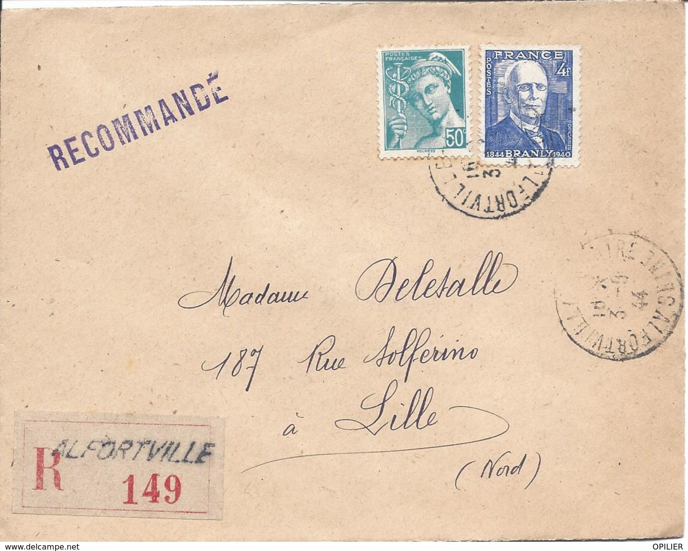 Alfortville 3 9 1944 Recommandé Tarif 4.50F Timbres Branly Et 50c Mercure - Cachets Manuels