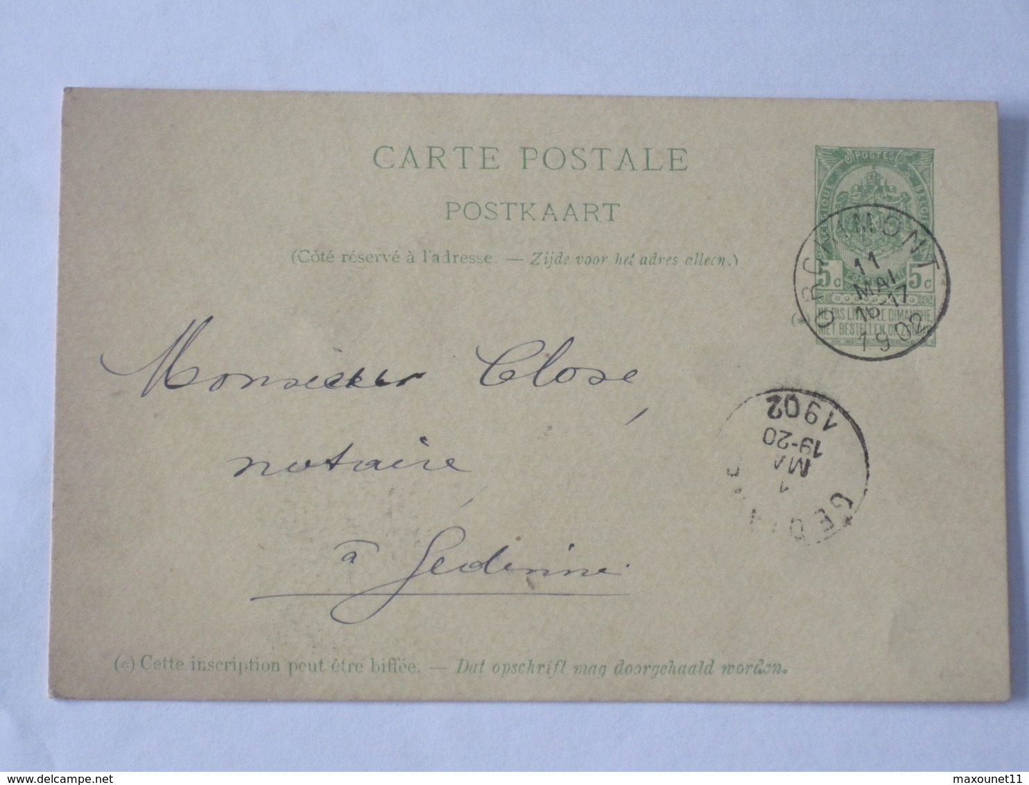 Entier Postal Envoyé De Orchimont - Bohan Vers Gedinne Le 11 Mai 1902 ... Lot7 . - Cartes Postales 1871-1909