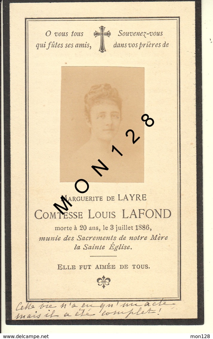 FAIRE PART DECES 8/07/1886 DE MARGUERITE DE LAYRE COMTESSE LOUIS LAFOND - Décès