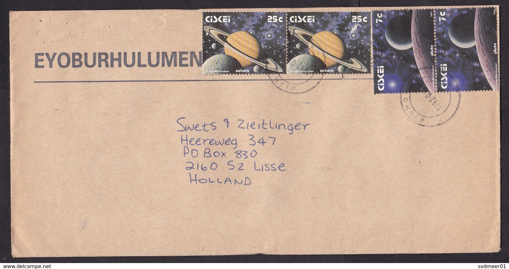 Ciskei: Official Airmail Cover To Netherlands 1992, 4 Stamps, Planet, Saturn, Pluto, Space, Rare Real Use (minor Damage) - Ciskei