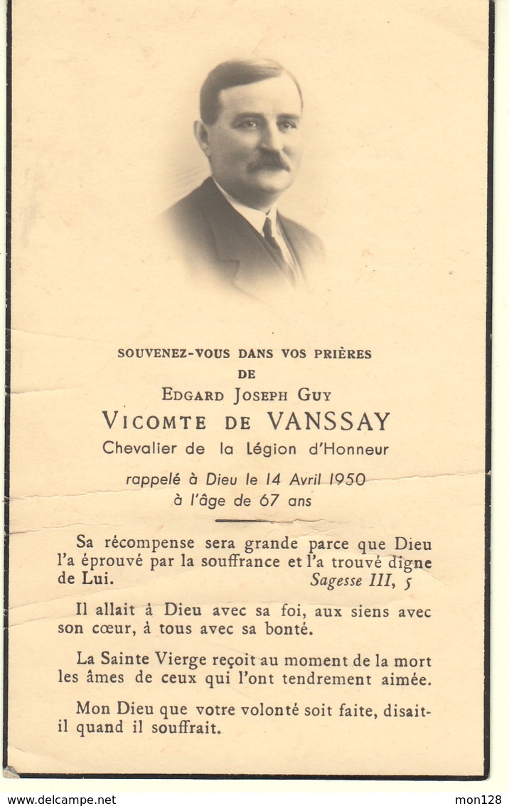FAIRE PART DECES 14/04/1950 DE EDGARD JOSEPH GUY VICOMTE DE VANSSAY CHEVALIER DE LA LEGION D'HONNEUR - Décès