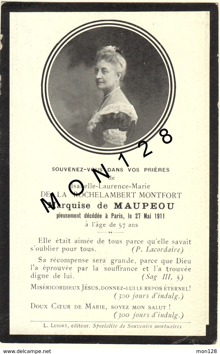 FAIRE PART DECES 27/5/1911 DE ISABELLE LAURENCE MARIE DE LA ROCHELAMBERT MONTFORT MARQUISE DE MAUPEOU - Décès