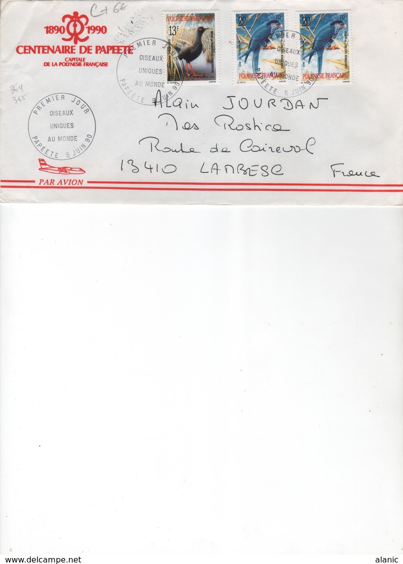 Polynésie Française > 5 JUIN 1990/PAPEETE FDC OISEAUX UNIQUES AU MONDE N°364 ET 65 - Lettres & Documents