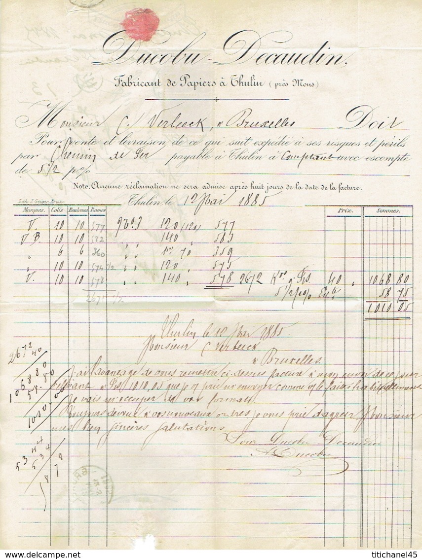 2 X N°28 Sur Lettre Oblit BOUSSU 12 MAI 1885 Vers BRUXELLES + Lettre à Entête DUCOBU-DECAUDIN Fabricant De Papiers - 1869-1888 Lion Couché