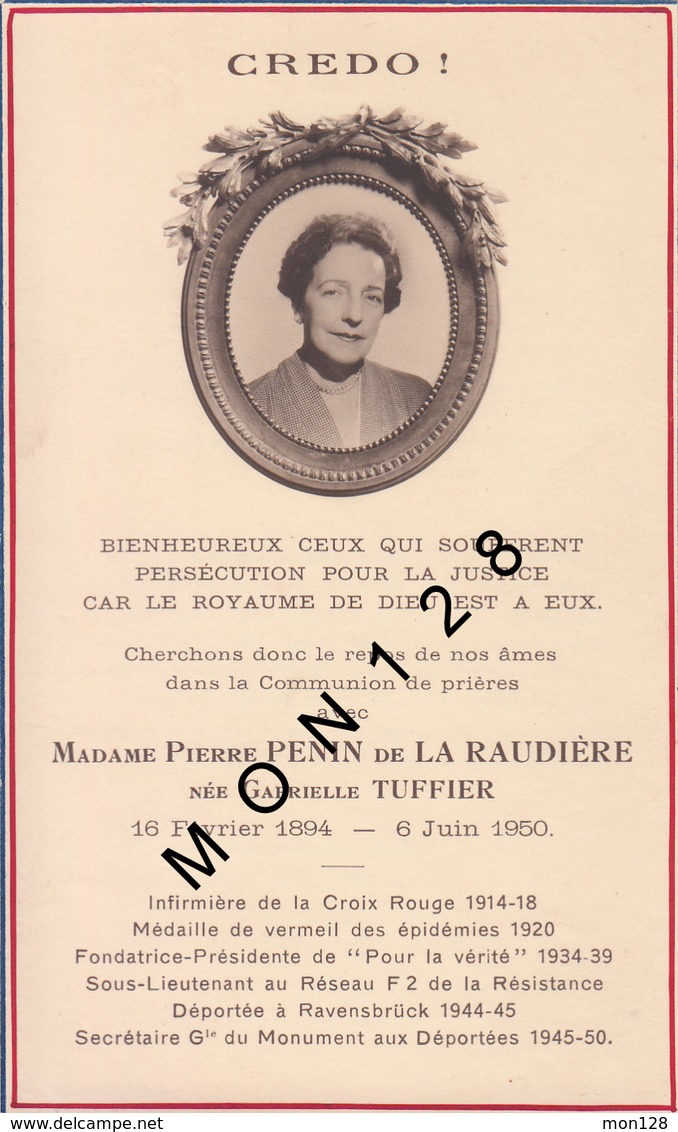 FAIRE PART DECES 6/6/1950 DE MADAME PIERRE PENIN DE LA RAUDIERE NEE GABRIELLE TUFFIER - Décès