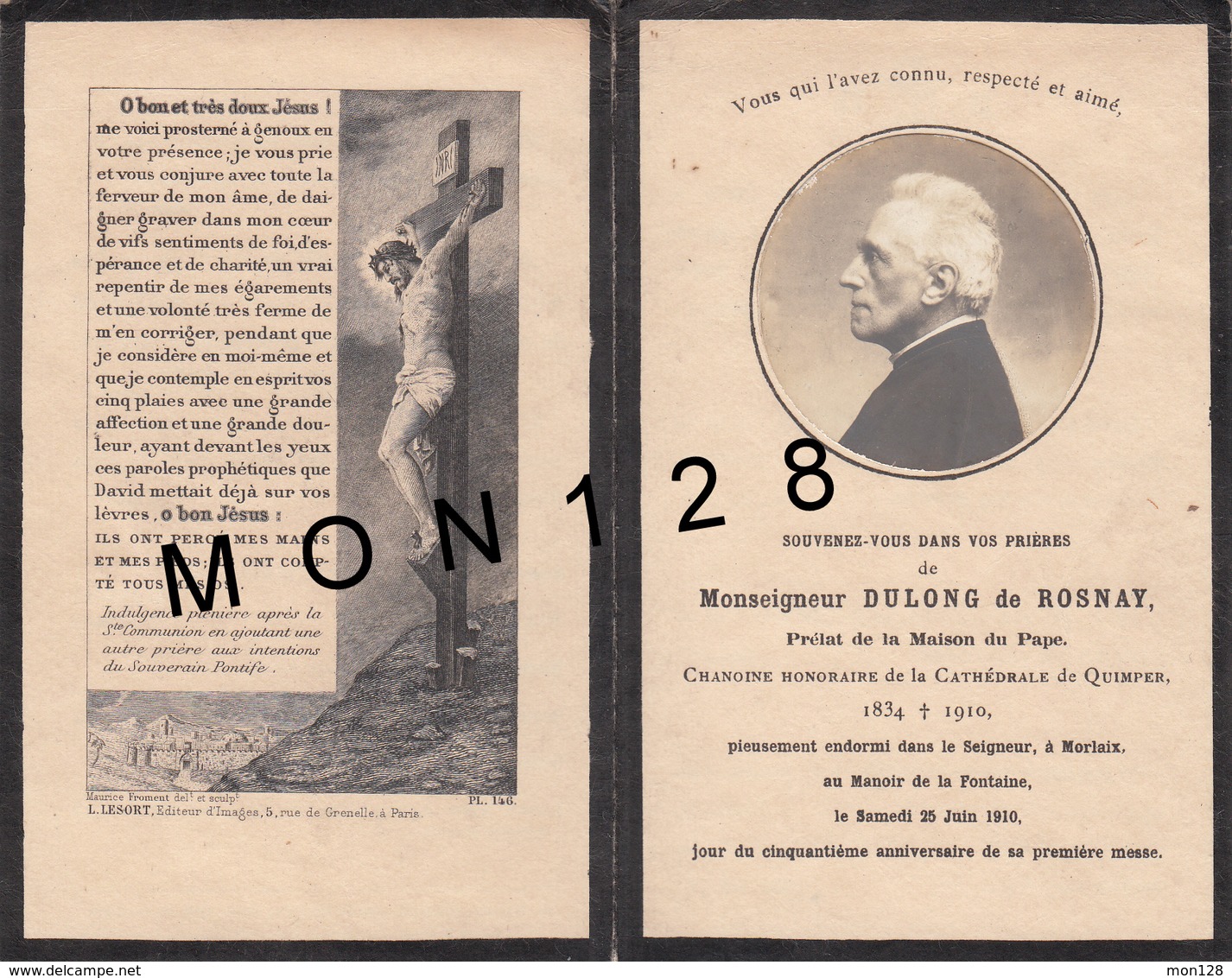 FAIRE PART DECES 25/6/1910 DE MONSEIGNEUR DULONG DE ROSNAY PRELAT MAISON DU PAPE CHANOINE CATHEDRALE DE QUIMPER - Décès