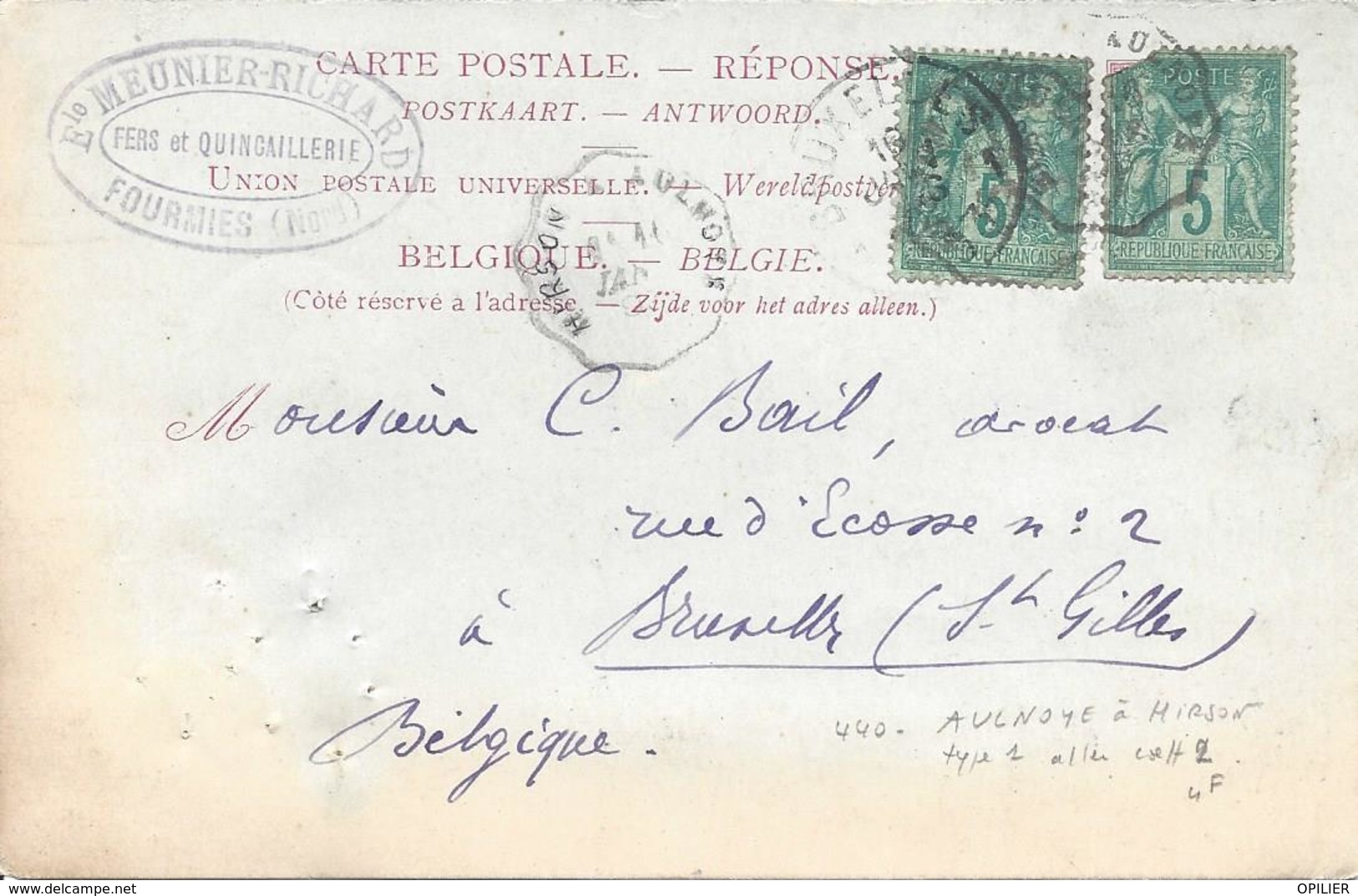 Convoyeur HIRSON A AULNOY 01 1893 Timbre 5c Sage N° 75 (1 Défaut) Sur Partie Réponse Payée Entier Belge CURIOSITE Défaut - Cachets Manuels