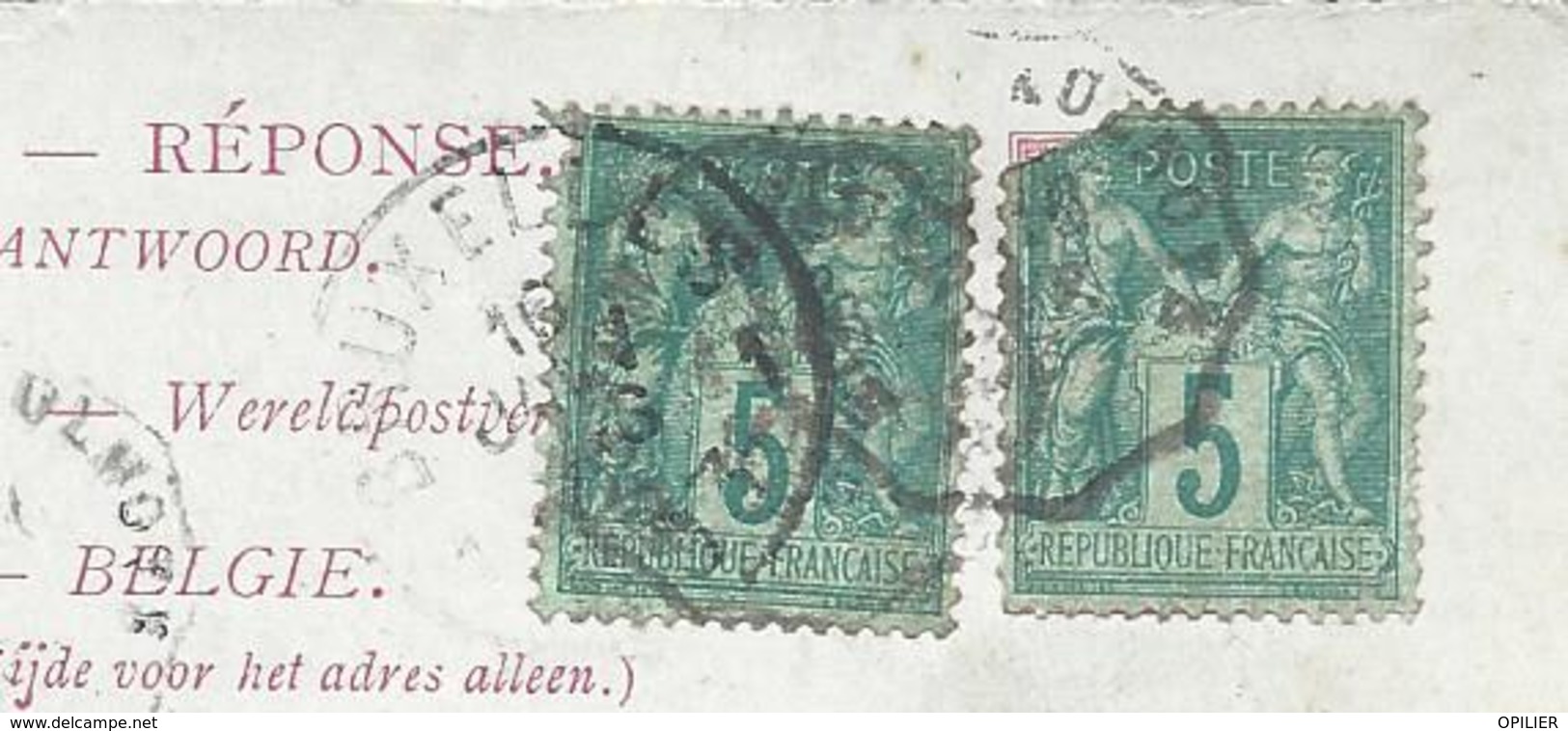 Convoyeur HIRSON A AULNOY 01 1893 Timbre 5c Sage N° 75 (1 Défaut) Sur Partie Réponse Payée Entier Belge CURIOSITE Défaut - Cachets Manuels