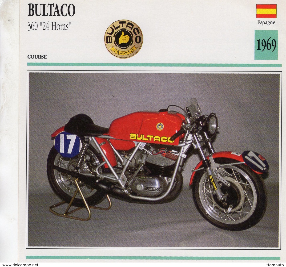 Bultaco 360cm  '24 Horas'  (1969)  -  Moto De Course   -  Fiche Technique/Carte De Collection - Motociclismo