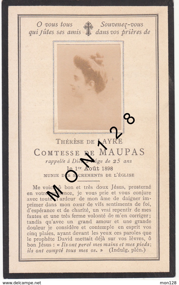 FAIRE PART DECES 01/08/1898 DE THERESE DE LAYRE COMTESSE DE MAUPAS - Décès