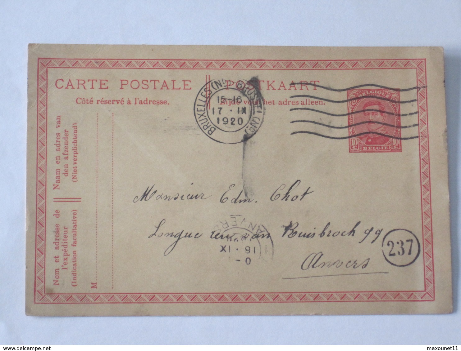 Entier Postal Envoyé De Schaerbeek Vers Anvers Le 17-09-1920 ... Lot7 . - Cartes Postales 1909-1934