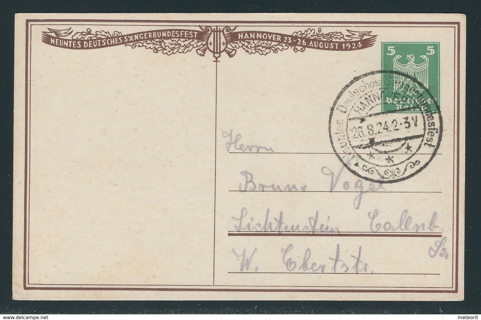 Privatpostkarte MiNr. PP 81 C 3 04, 23.-28.8.1924 Hannover, Neuntes Deutsches Sängerbundesfest, Gestempelt SSt., 5 Pf. - Sonstige & Ohne Zuordnung