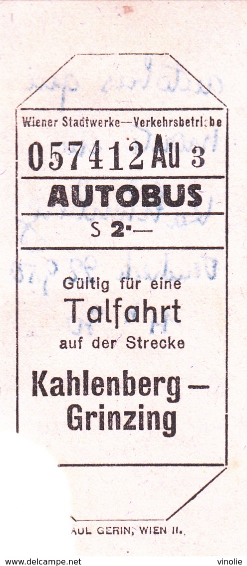 PIE-VPT-18-005 :  TICKET DE TRANSPORT. AUTOBUS. KAHLENBERG GRINZING - Autres & Non Classés