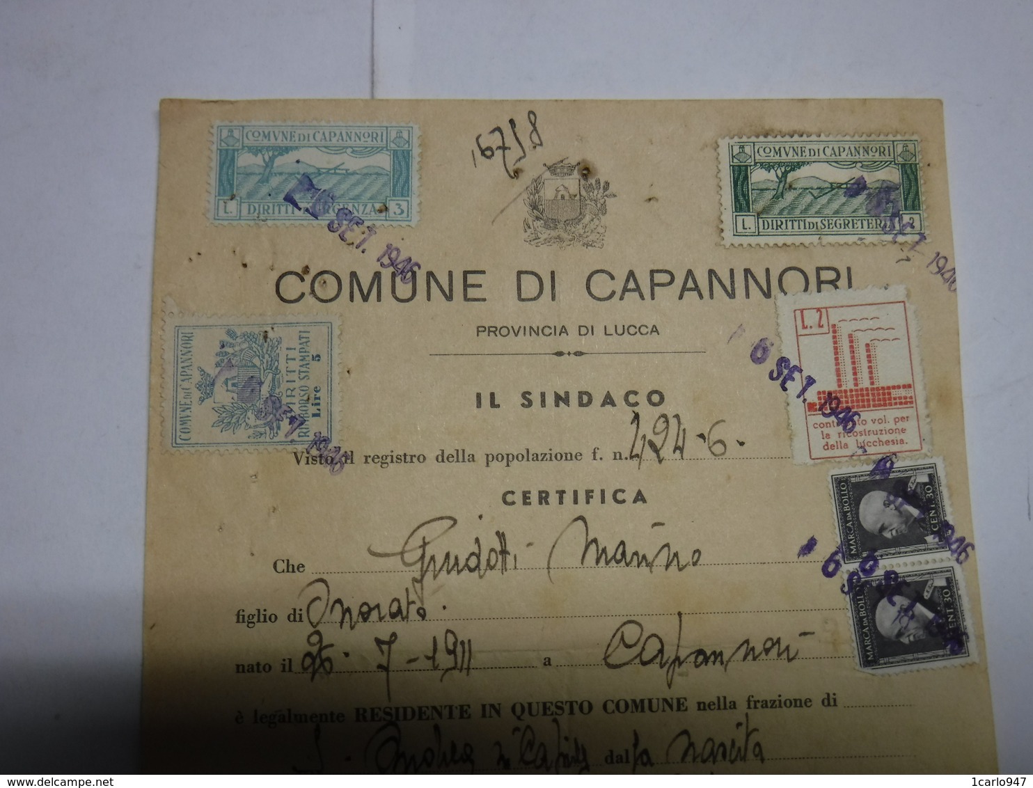 CAPANNORI  --LUCCA  --- MARCA COMUNALE    --- FISCALE --- L. 5,00+ 3,00 +2,00  -- SU DOCUMENTO - Revenue Stamps
