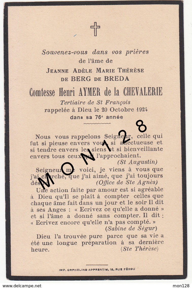 FAIRE PART DECES 20/10/1924 DE JEANNE ADELE MARIE THERESE DE BERG DE BREDA COMTESSE HENRI AYMER DE LA CHEVALERIE - Décès