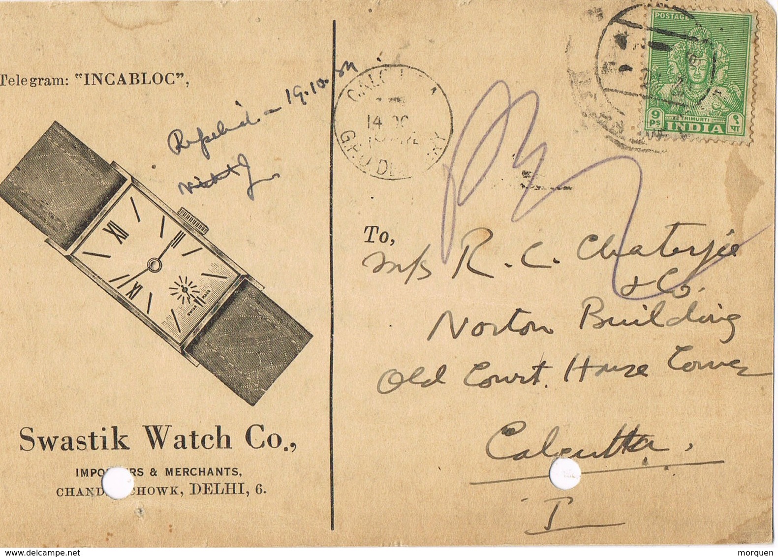 30802. Tarjeta Privada NEW DELHI (India) 1954. Reloj, Clock INCABLOC Swastik - Cartas & Documentos