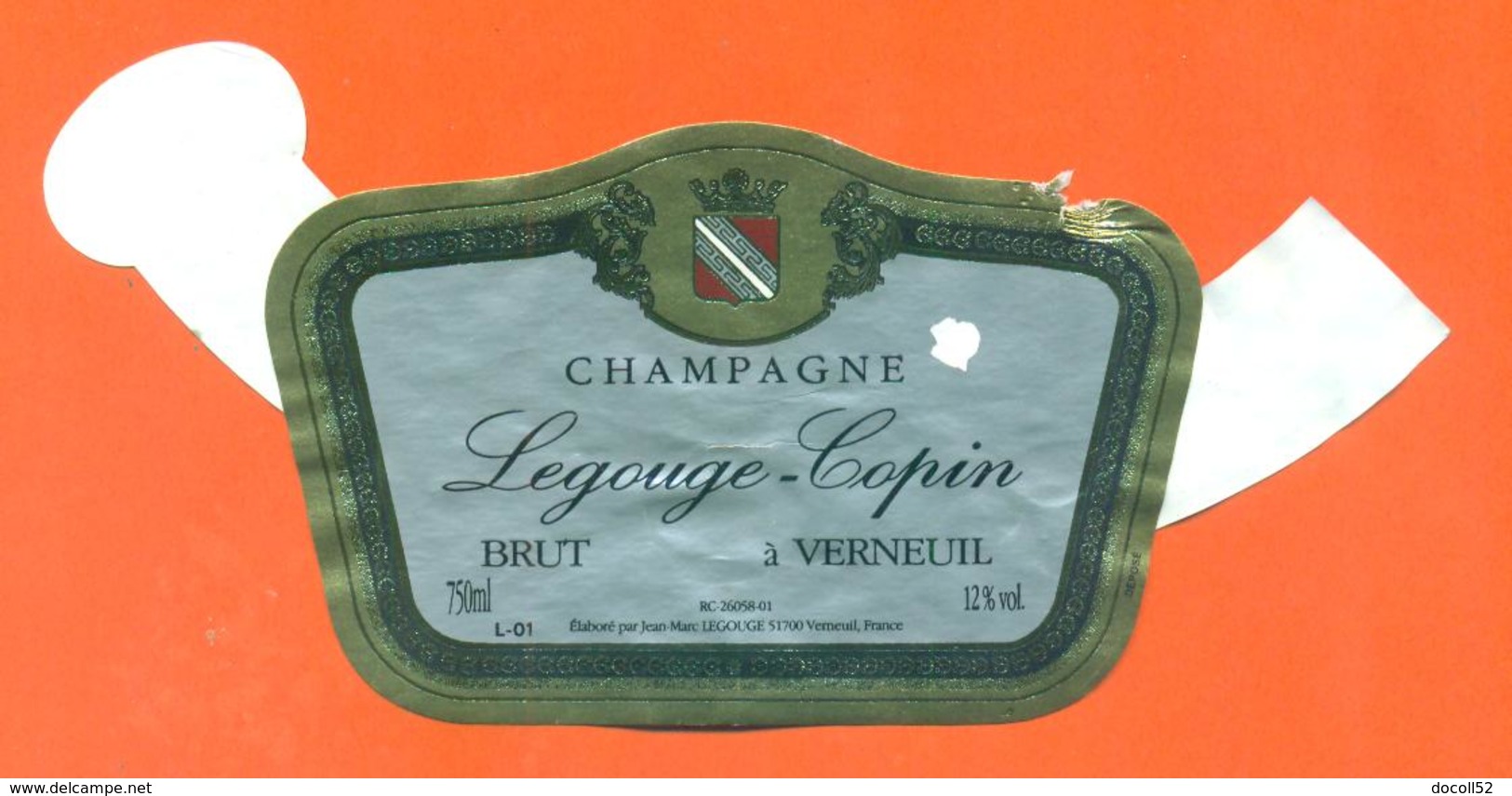 étiquette + Collerette De Champagne Brut Legouge Copin à Verneuil - 75 Cl - Champagne