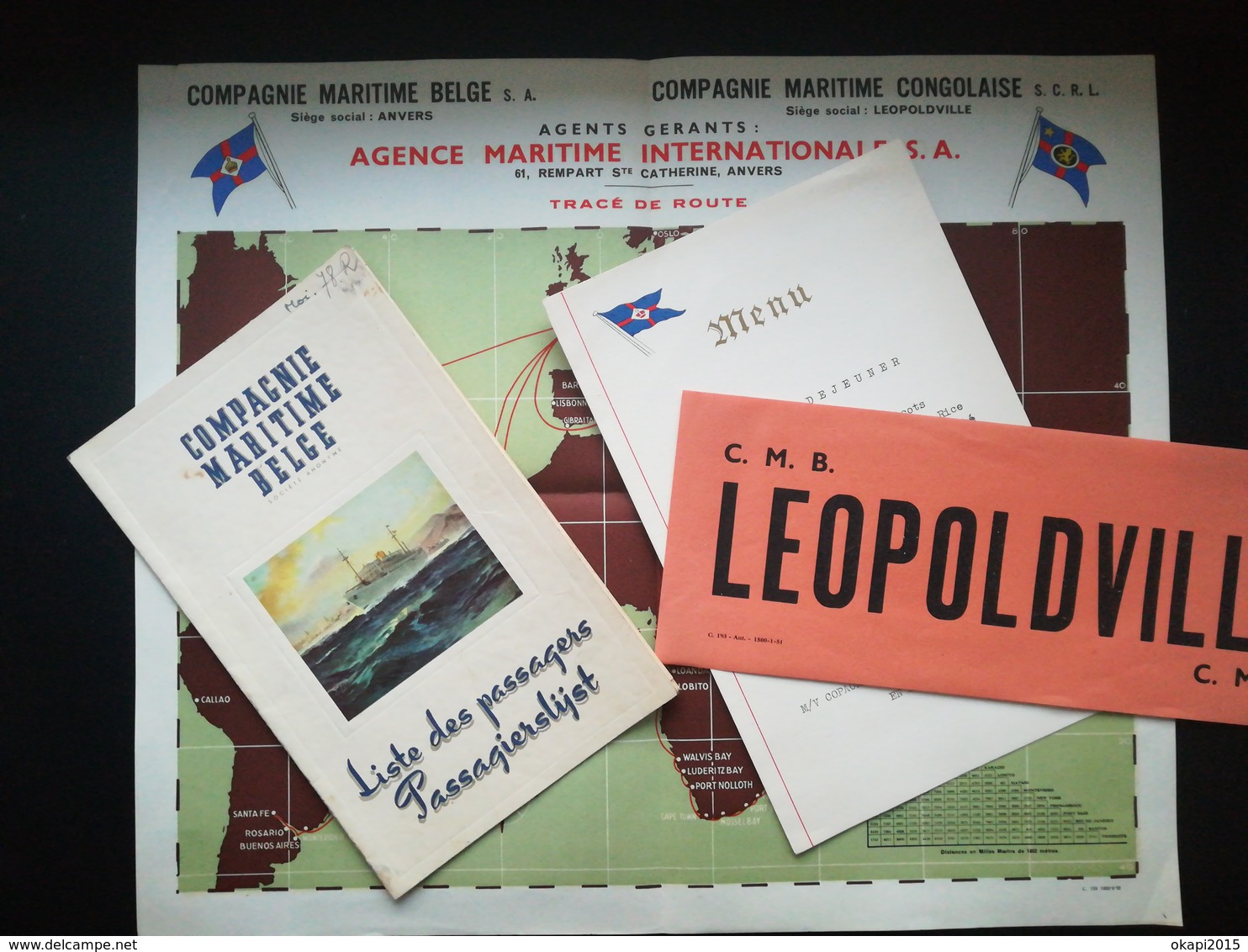 Lot 4 Vieux Papiers De La COMPAGNIE MARITIME BELGE CMB : LISTE DES PASSAGERS MENU BANDEROLE  TRACÉ DE ROUTE CONGO BELGE - Oggetti 'Ricordo Di'