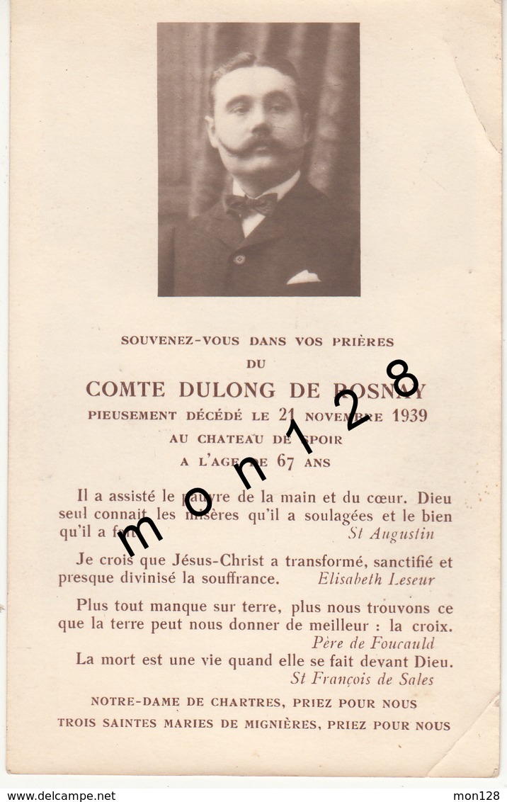 FAIRE PART DECES 21/11/1939 DU COMTE DULONG DE ROSNAY DECEDE AU CHATEAU DE SPOIR - Décès