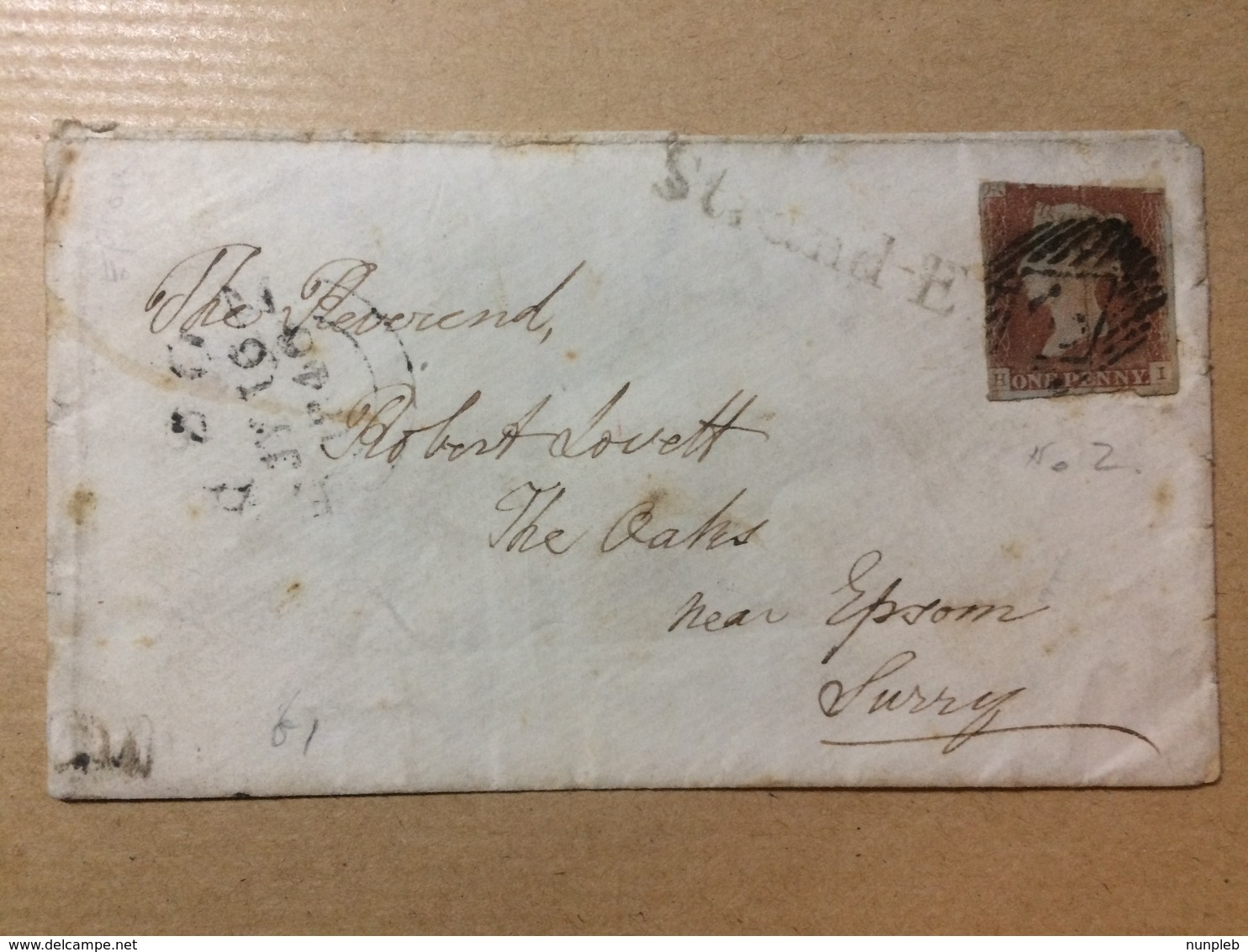 GB Victoria 1846 Cover With Strand E One Line Postmark In Black To Epsom Tied With 1d Red Imperf - Covers & Documents