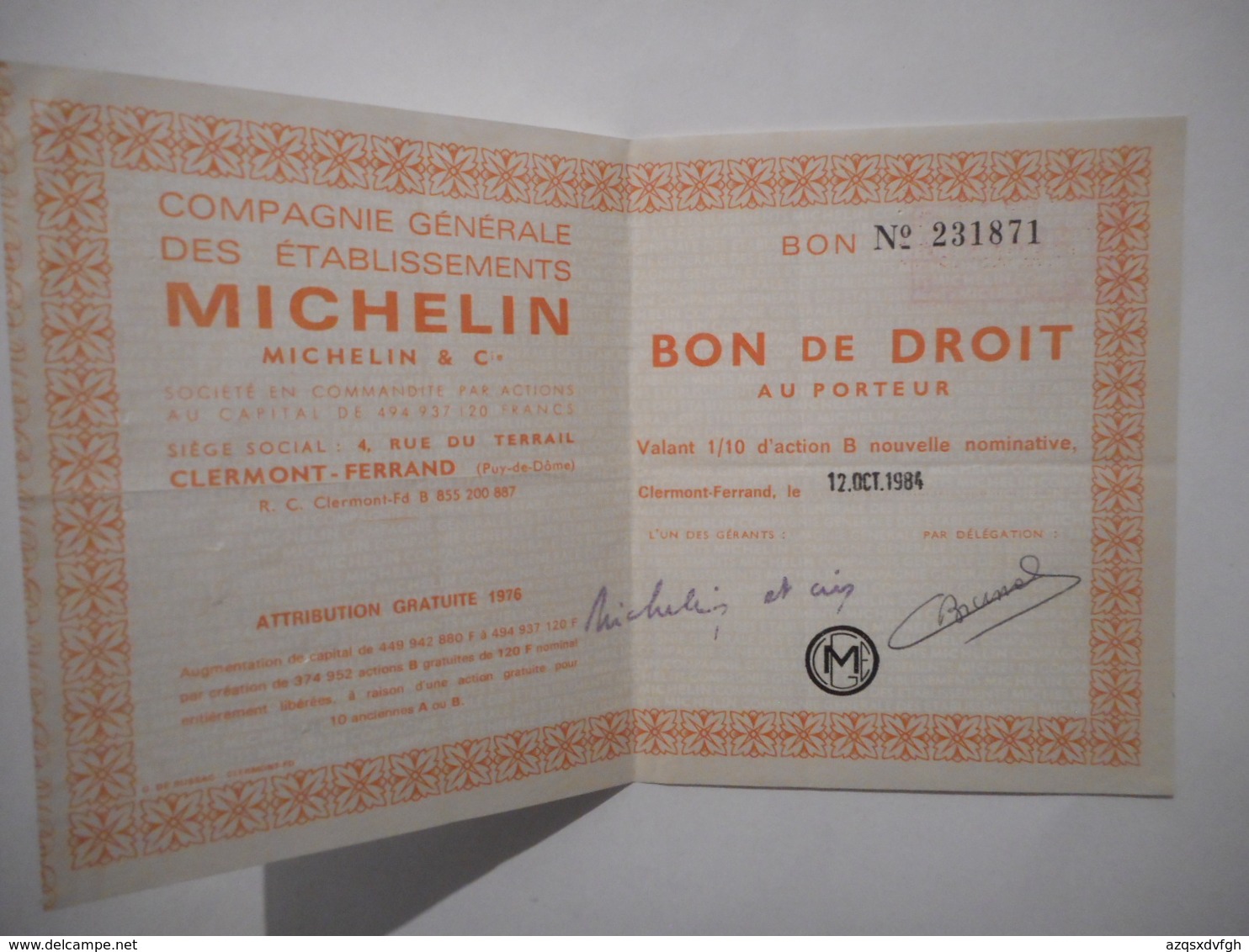 Cie Gle Des ETABLISSEMENTS MICHELIN  Bon De Droits Attribution De 1976 - Other & Unclassified