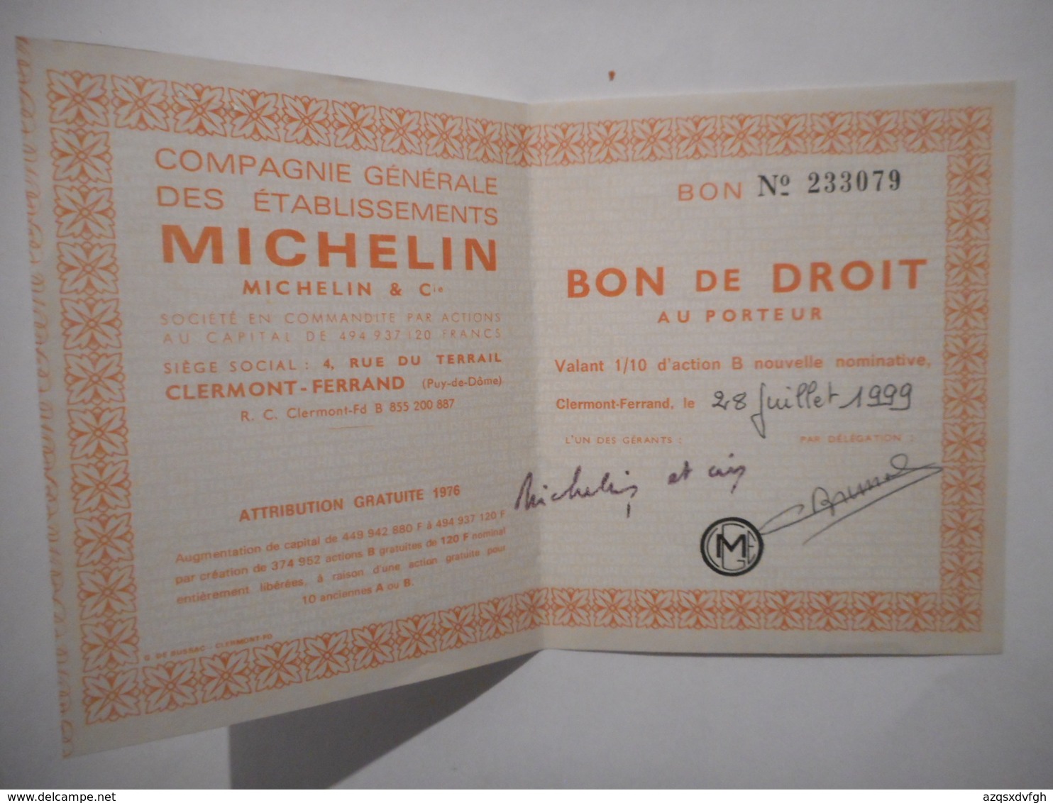 Cie Gle Des ETABLISSEMENTS MICHELIN  Bon De Droits Attribution De 1976 - Autres & Non Classés