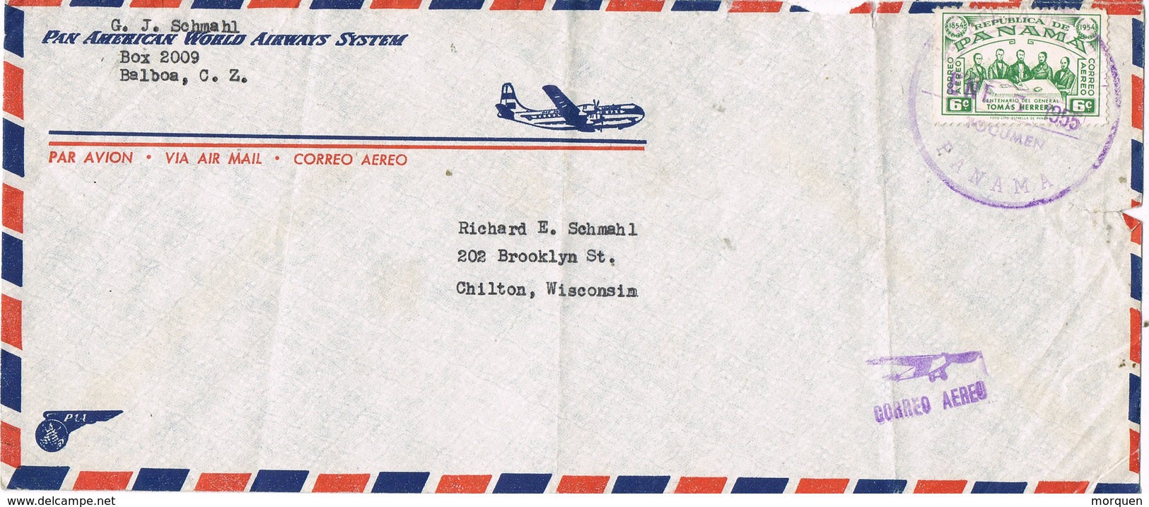 30810. Carta Aerea BALBOA (Canal Zone) Panama. 1955. Fechador TOCUMEN - Panamá