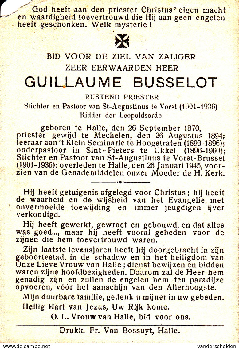 DOODSPRENTJE GUILLAUME BUSSELOT ° HALLE 1870 + 1945 LERAAR HOOGSTRATEN PRIESTER VORST FOREST ONDERPASTOOR UKKEL UCCLE - Images Religieuses