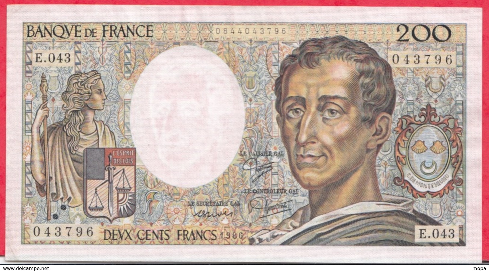 200 Francs "Montesquieu" 1986 -----XF/SUP+---Série E.043---2 TROU D EPINGLE - 200 F 1981-1994 ''Montesquieu''