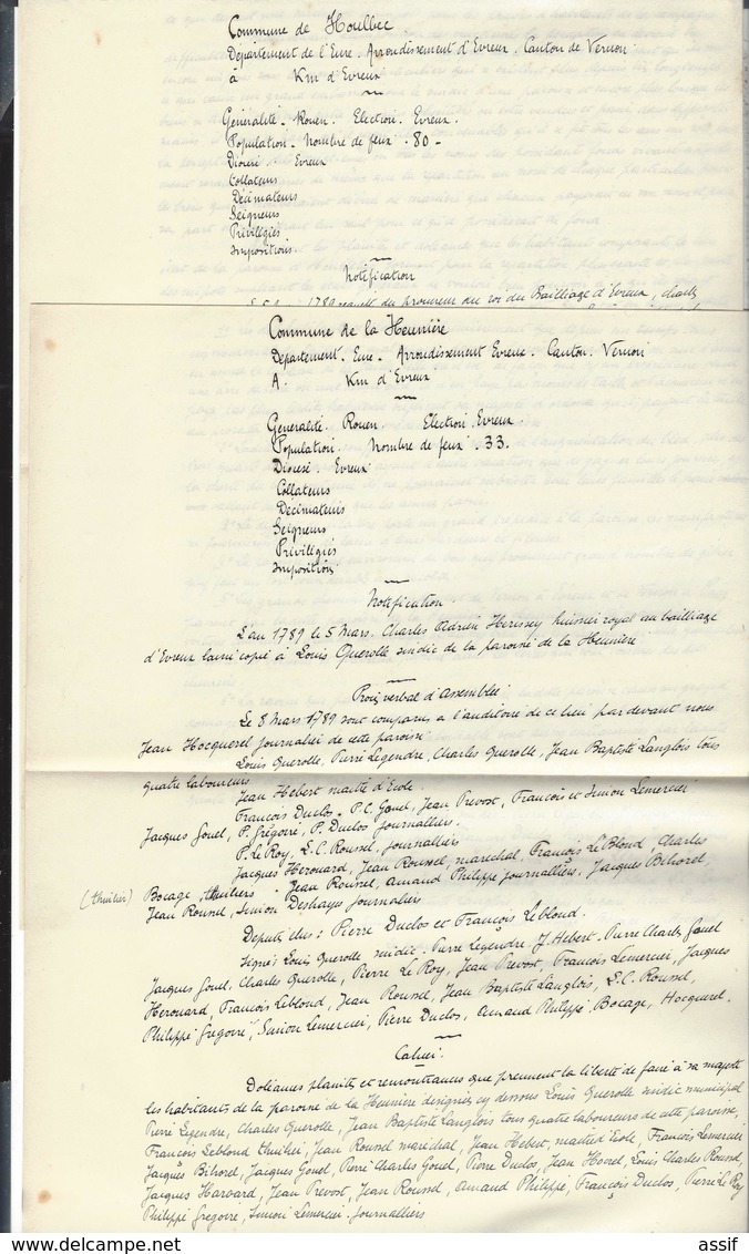 CAHIERS DOLEANCES 1789 Copies Bailliage Vernon Pacy Sur Eure Boisset Hennequin Chambray Rouvray Houlbec La Heunière - Documents Historiques