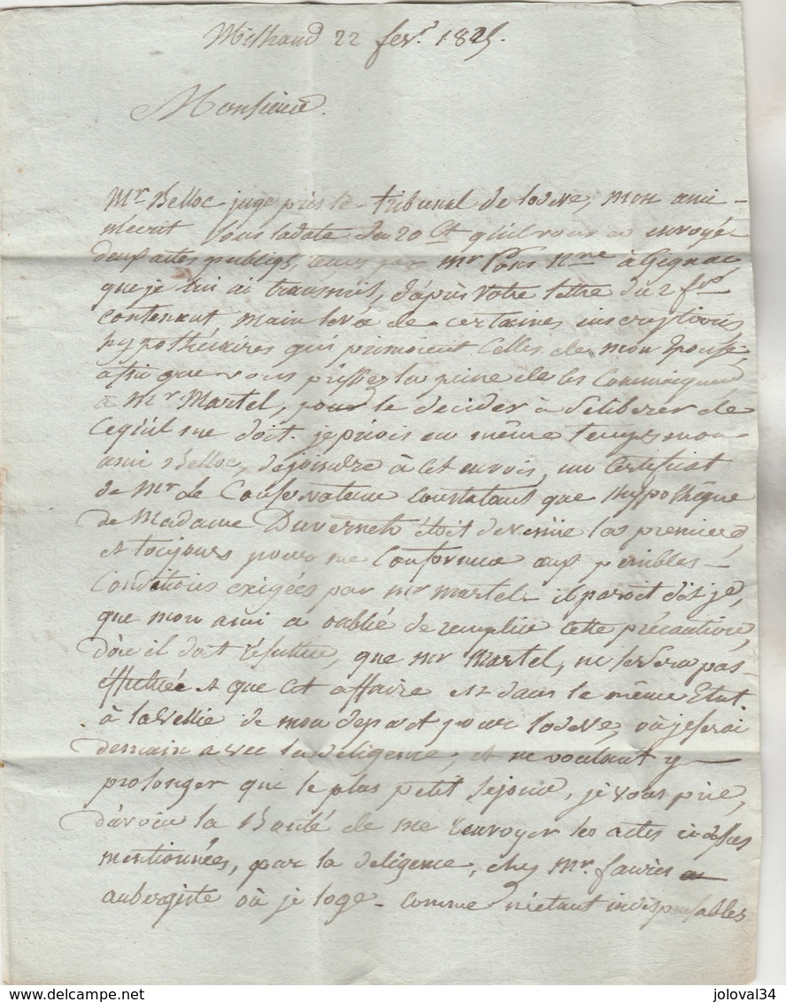 Lettre Marque Postale 11 MILHAU ( Millau ) Aveyron 22/2/1825 De Duvernet à Péridier Montpellier Hérault ( Texte 3 Pages - 1801-1848: Précurseurs XIX