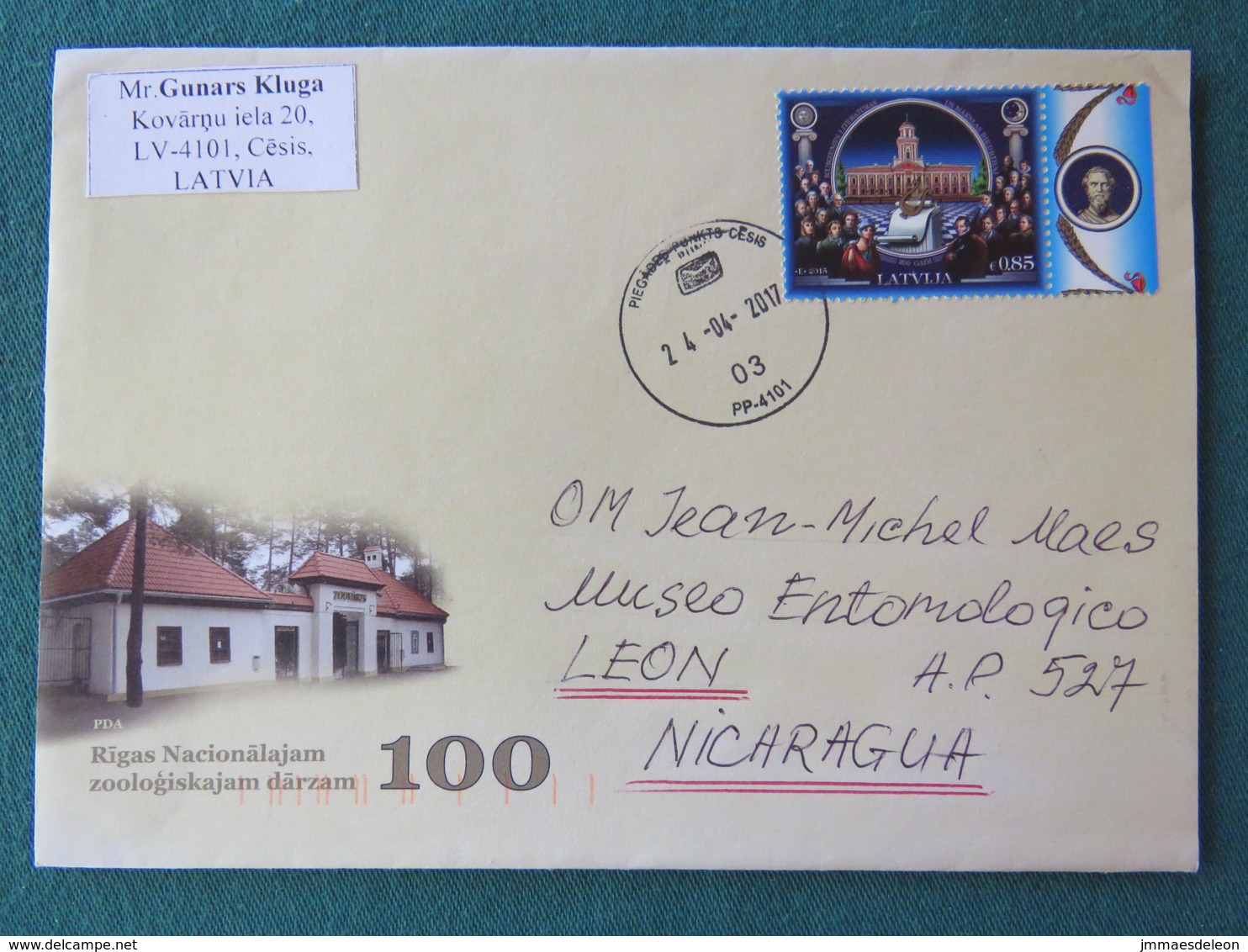 Latvia 2017 Cover To Nicaragua - Zoology - Lettonie