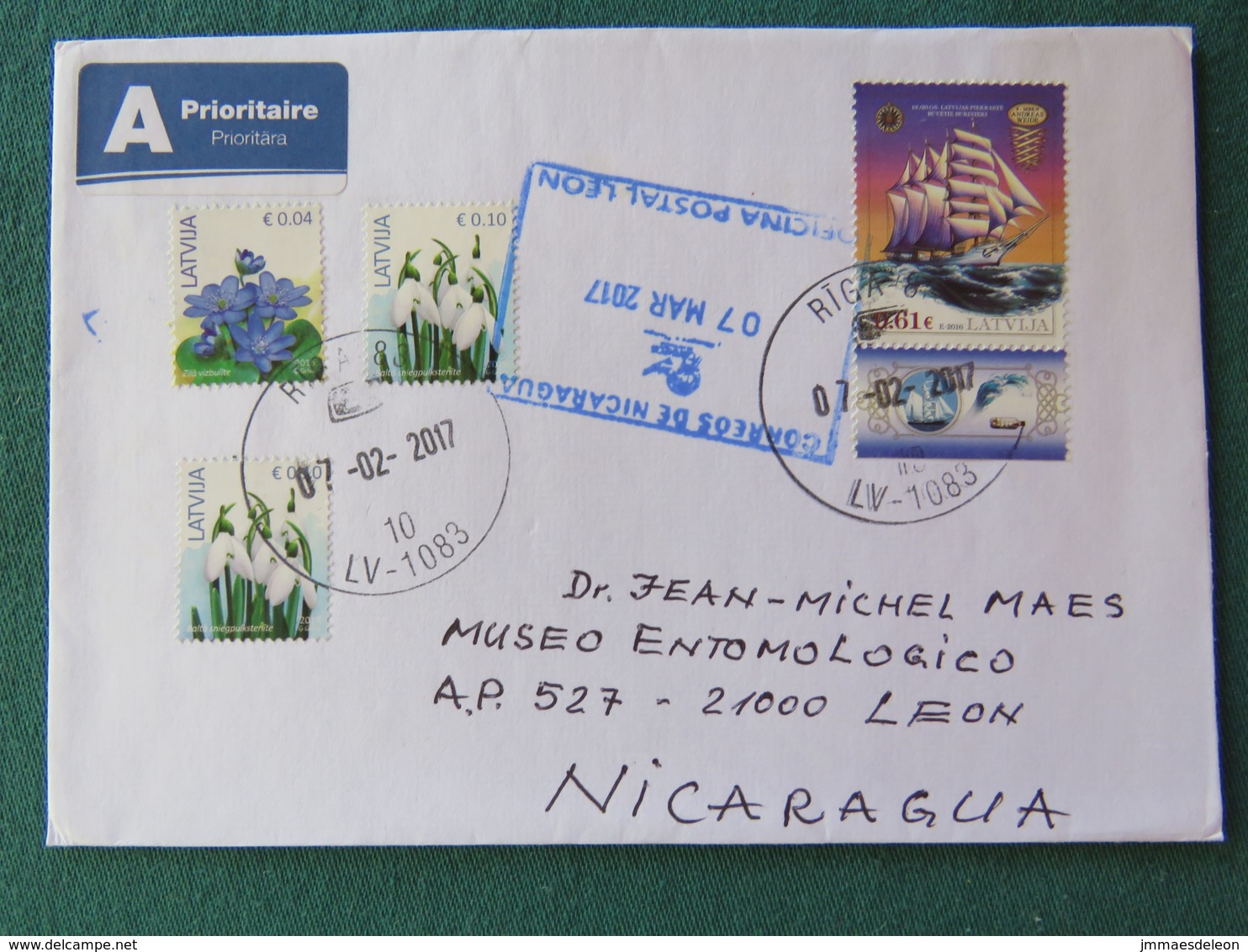Latvia 2017 Cover To Nicaragua - Flowers - Ships - Lettonie