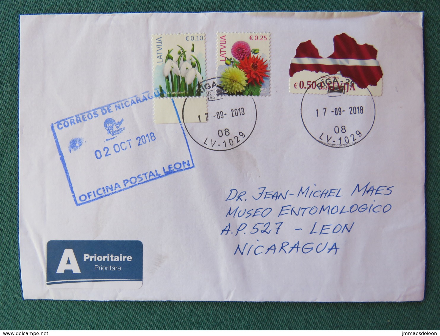 Latvia 2018 Cover To Nicaragua - Flowers - Map Flag - Stamp In Shape Of The Map - Lettonie