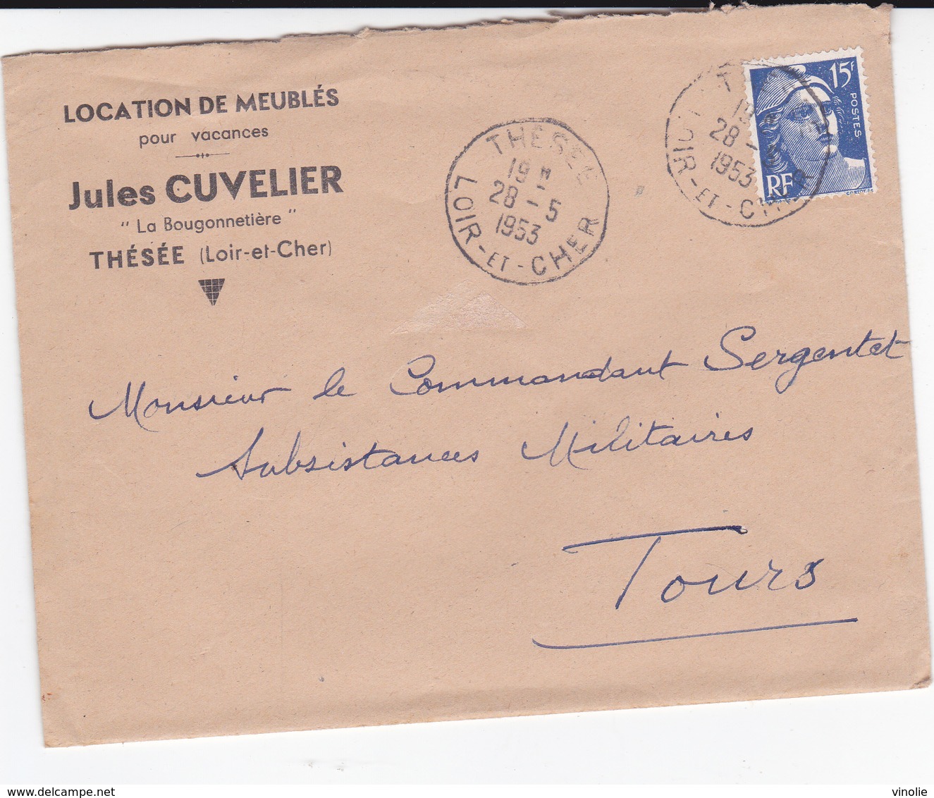 PIE-VPT-18-045 : ENVELOPPE. LOCATION DE MEUBLES POUR VACANCES. JULES CUVELIER LA BOUGONNETIERE. THESEE.28 5 1953 - Cachets Manuels