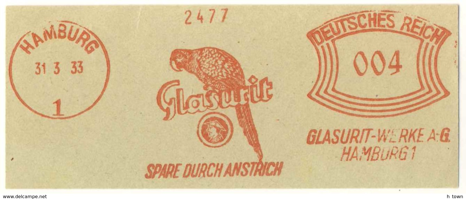 5178  Perroquet : Ema D'Allemagne, 1933 -  Parrot Meter Stamp From Hamburg, Germany. Glasurit - Perroquets & Tropicaux