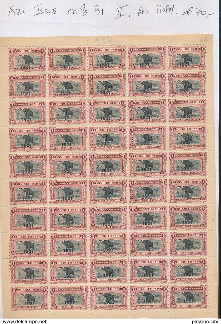 BELGIAN CONGO 1921 ISSUE ELEPHANTS COB 91 SHEET II1 A4 MNH - Feuilles Complètes