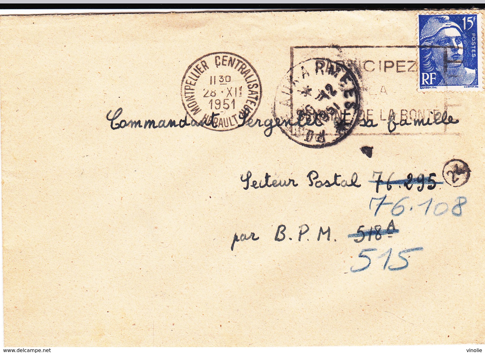 PIE-VPT-18-055 :  POSTE AUX ARMEES. 31 DECEMBRE 1951. MONTPELLIER CENTRALISATEUR - Military Postmarks From 1900 (out Of Wars Periods)