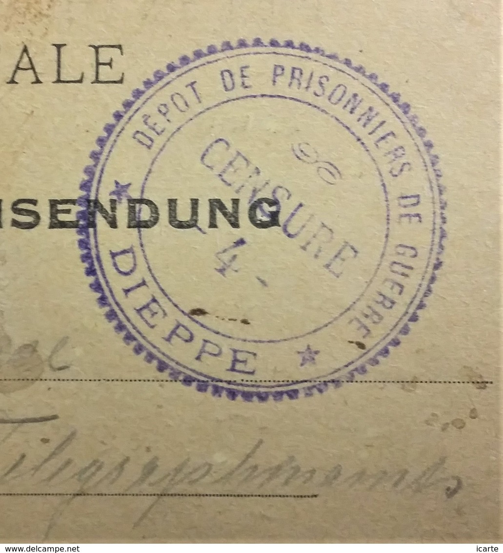 Carte De Franchise Militaire Dépôt De Prisonniers De Guerre DIEPPE Kriegsgefangenensendung Janvier 1918 Censure - Lettres & Documents