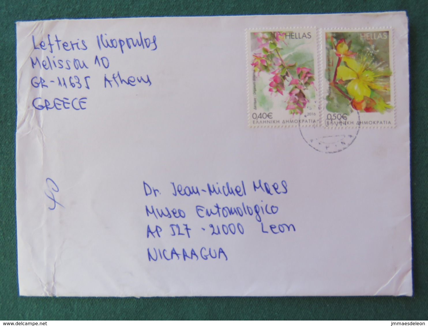 Greece 2017 Cover To Nicaragua - Flowers - Lettres & Documents