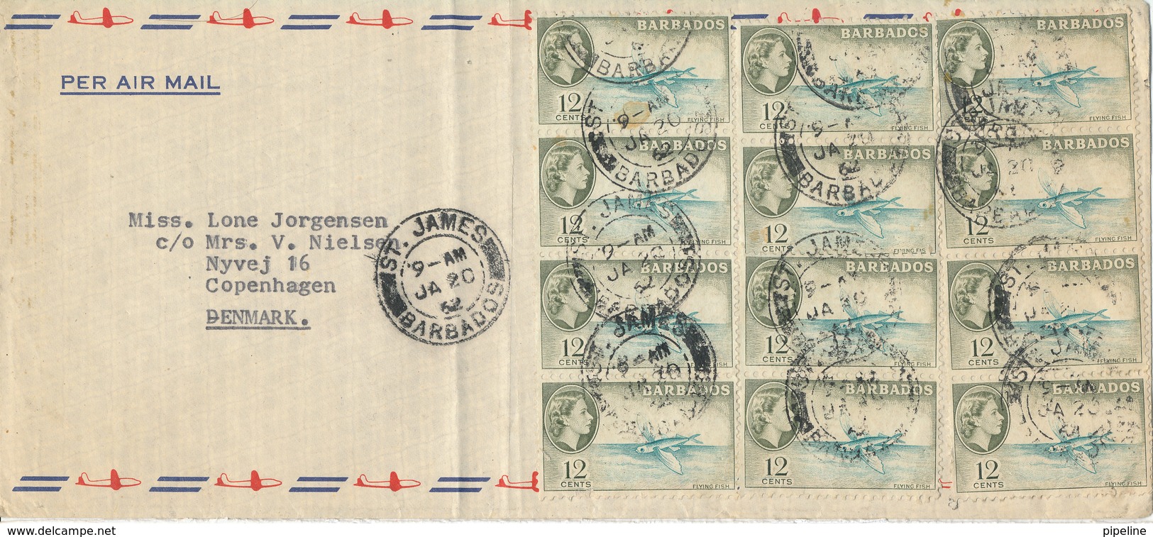Barbados Air Mail Cover Sent To Denmark St. James 20-12-1962 With 12 Stamps 12 C. FLYING FISH (the Cover Is Bended) - Barbados (...-1966)