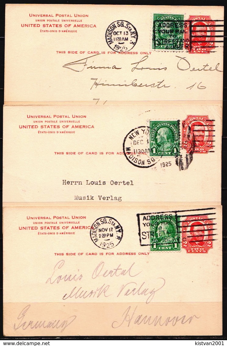 Postal History: USA 3 Uprated Postal Stationary Cards From 1925 Sent From Madison SG - 1921-40