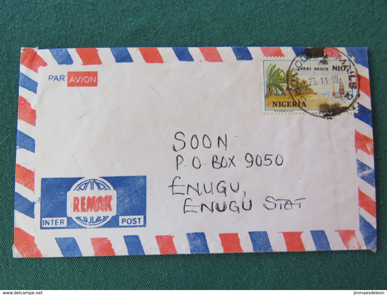 Nigeria 1999 Cover To Enugu - Lekki Beach - Boat - Banana Or Palm Trees - Nigeria (1961-...)