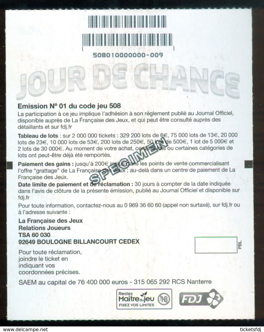 Grattage FDJ - FRANCAISE DES JEUX - JOUR DE CHANCE 50801 SPECIMEN - Billets De Loterie