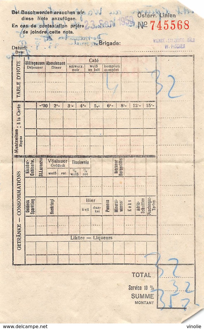 PIE-VPT-18-086 :  PETIT DEJEUNER AU WAGON RESTAURANT SALZBOURG 23 SEPTEMBRE 1950. CREDITANSALT BANKVEREIN - Non Classés
