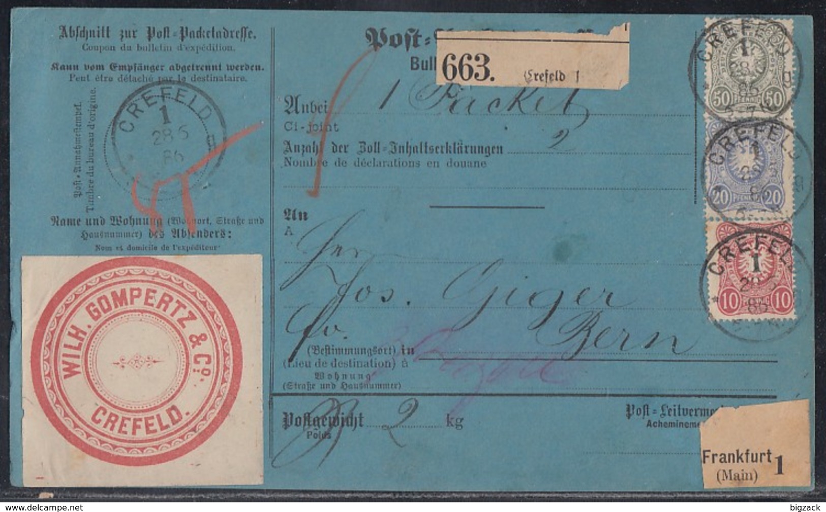 DR Paketkarte Mif Minr.41,42,44 K1 Crefeld 28.5.86 Gel. In Schweiz - Briefe U. Dokumente