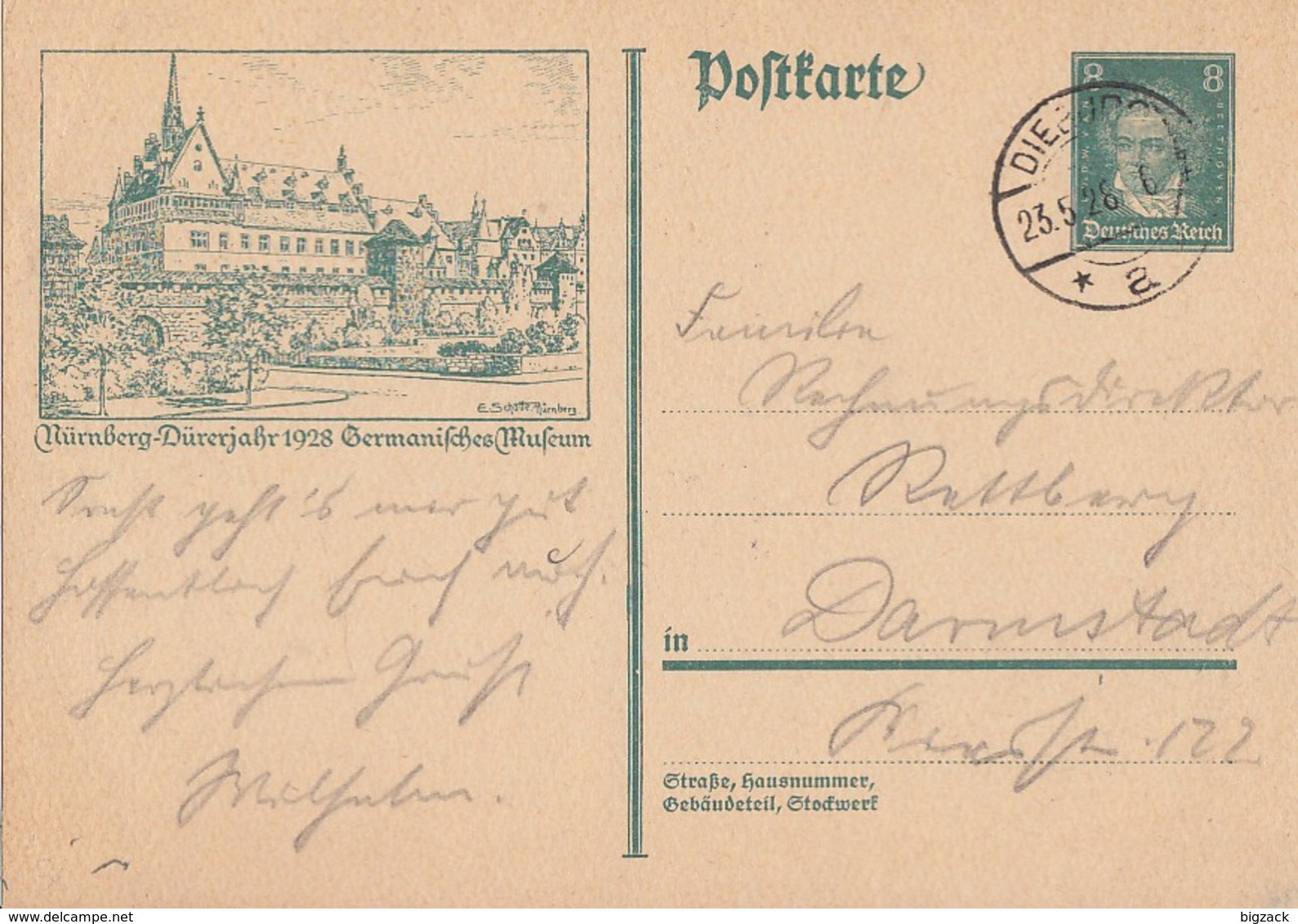 DR Ganzsache Minr.P178/020 Nürnberg Germanisches Museum Dieburg 23.5.28 - Briefe U. Dokumente