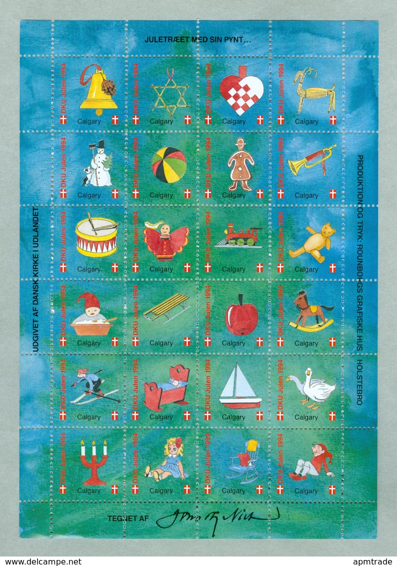 Denmark. Christmas Sheet 1994. Danish Church Calgary. Toys.Train,Teddy,Ship,Music - Ganze Bögen