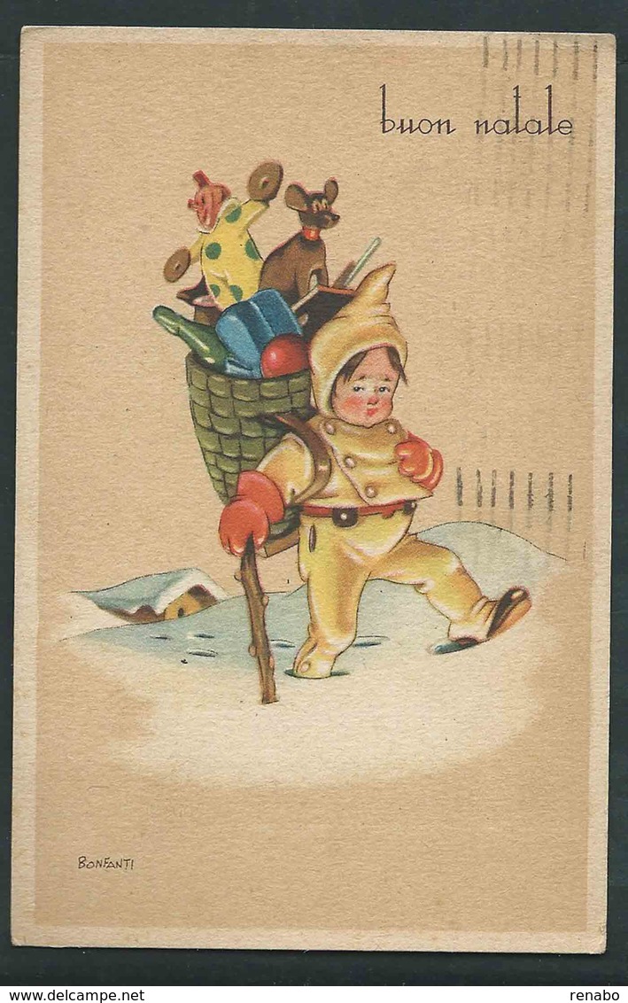 Buon Natale Circolata Nel 1948; Bambino Porta I Giocattoli Nella Gerla, Cane; Illustratore Bonfanti. - Altri & Non Classificati